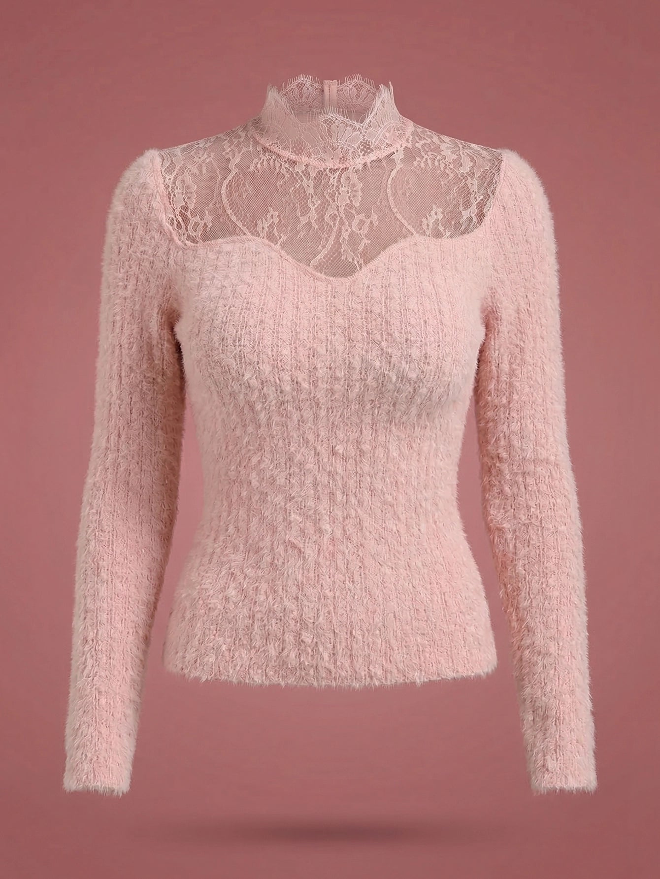 SHEIN Top Joudiya Brushed Fluffy Mock Neck Lace Mesh Patchwork Pink Slim Fit Blouse