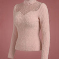 SHEIN Top Joudiya Brushed Fluffy Mock Neck Lace Mesh Patchwork Pink Slim Fit Blouse