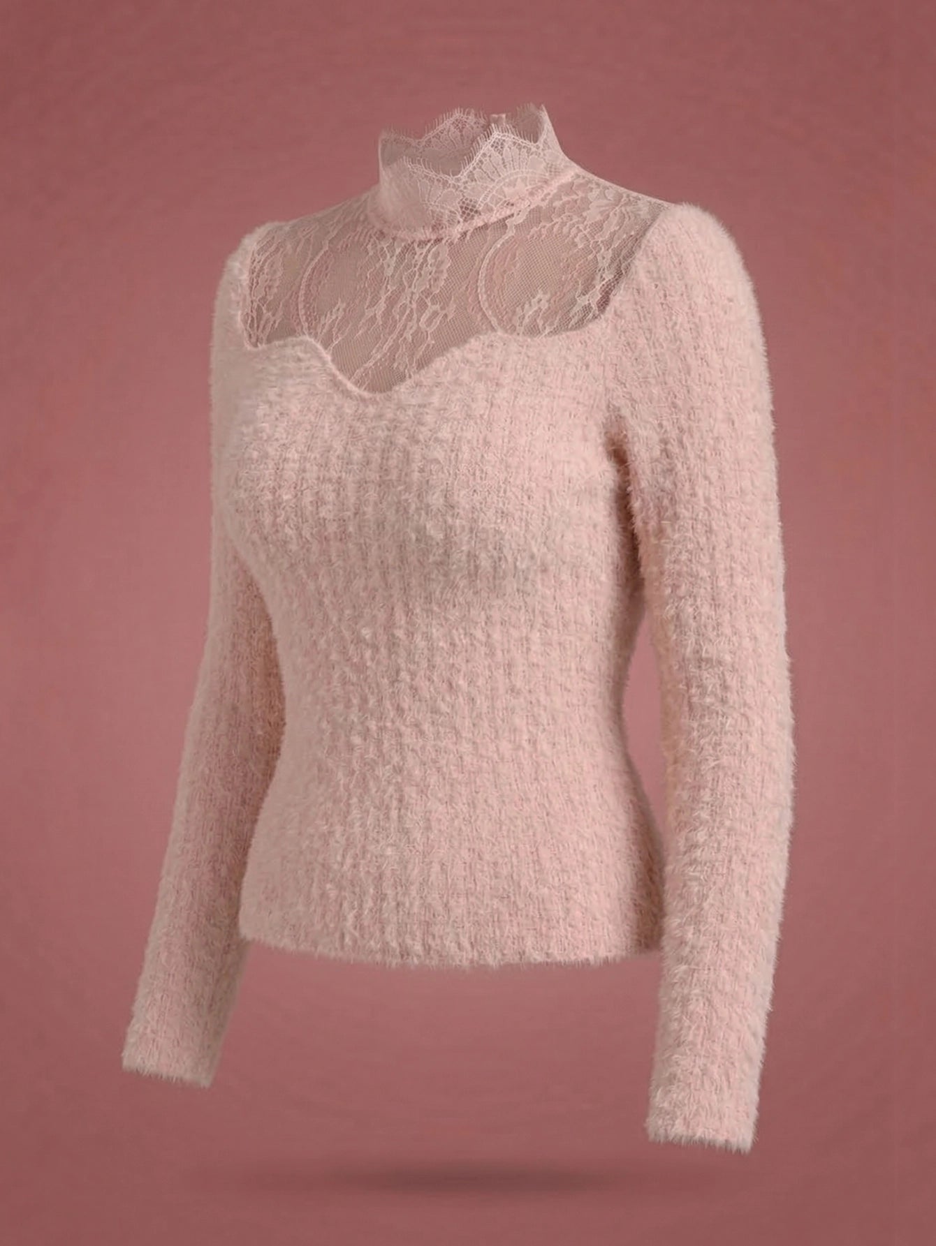 SHEIN Top Joudiya Brushed Fluffy Mock Neck Lace Mesh Patchwork Pink Slim Fit Blouse