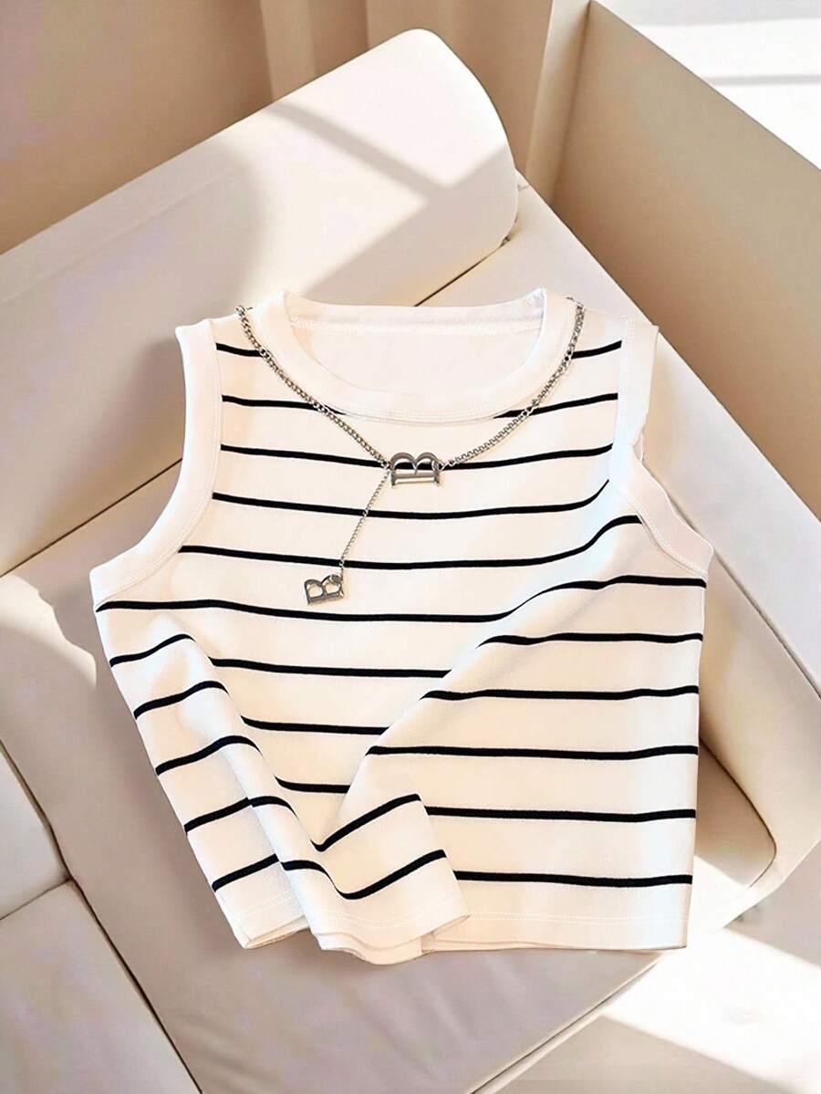 SHEIN Top SHEIN PETITE Striped Round Neck Casual Versatile Tank Top Spring Summer