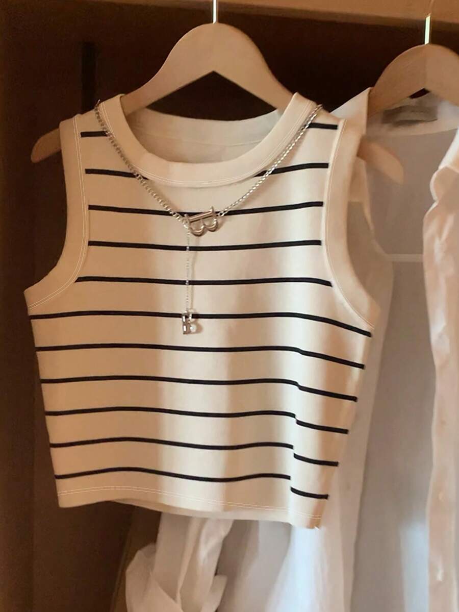 SHEIN Top SHEIN PETITE Striped Round Neck Casual Versatile Tank Top Spring Summer
