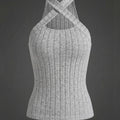 SHEIN Top SHEIN Essnce Slim-Fit Knitted Hollow Out Cross Strap Halter Tank Top