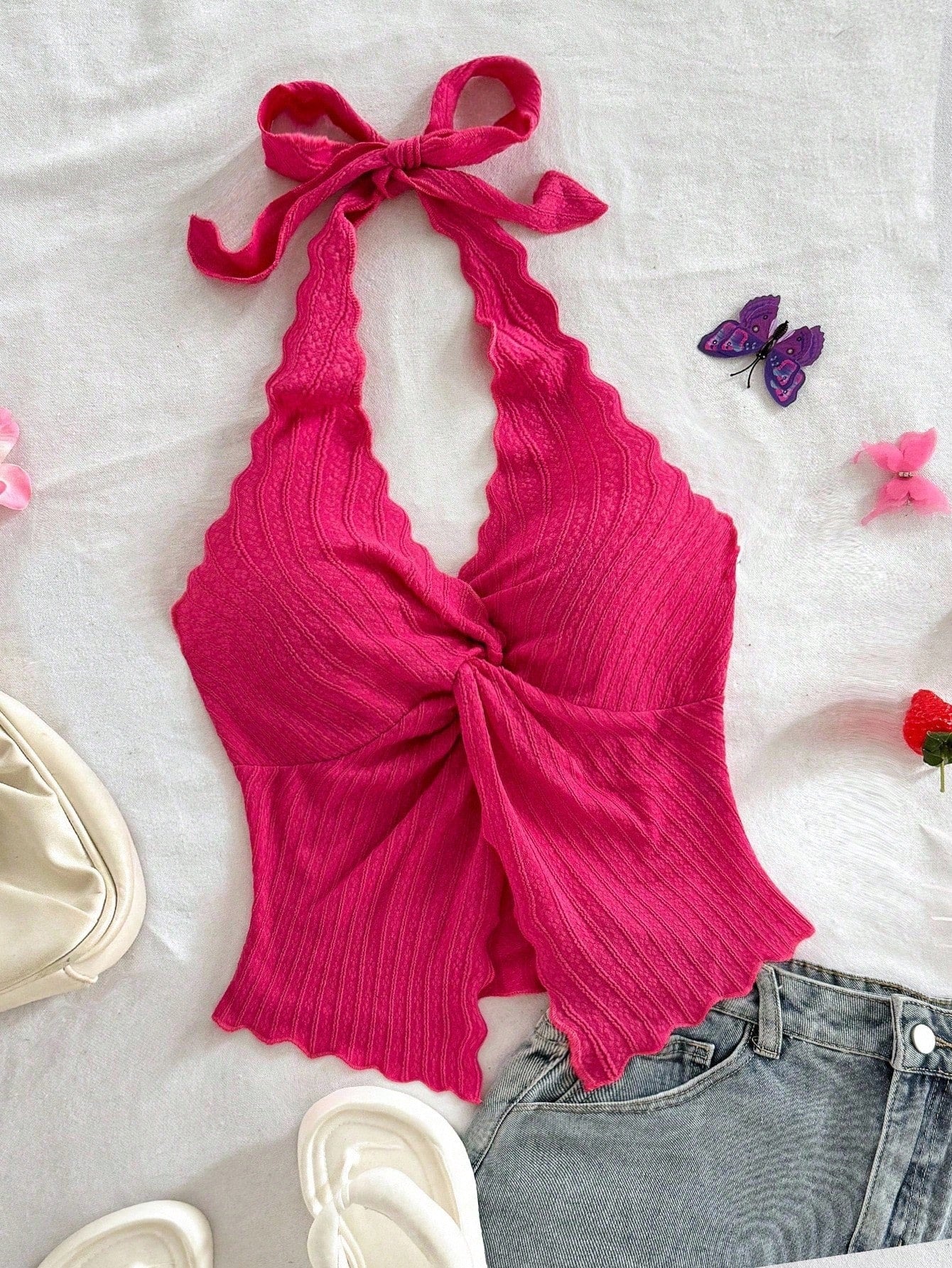SHEIN Top Soleia Halter Tie Twist Hem Slit Open Back Sexy Camisole Rave Top