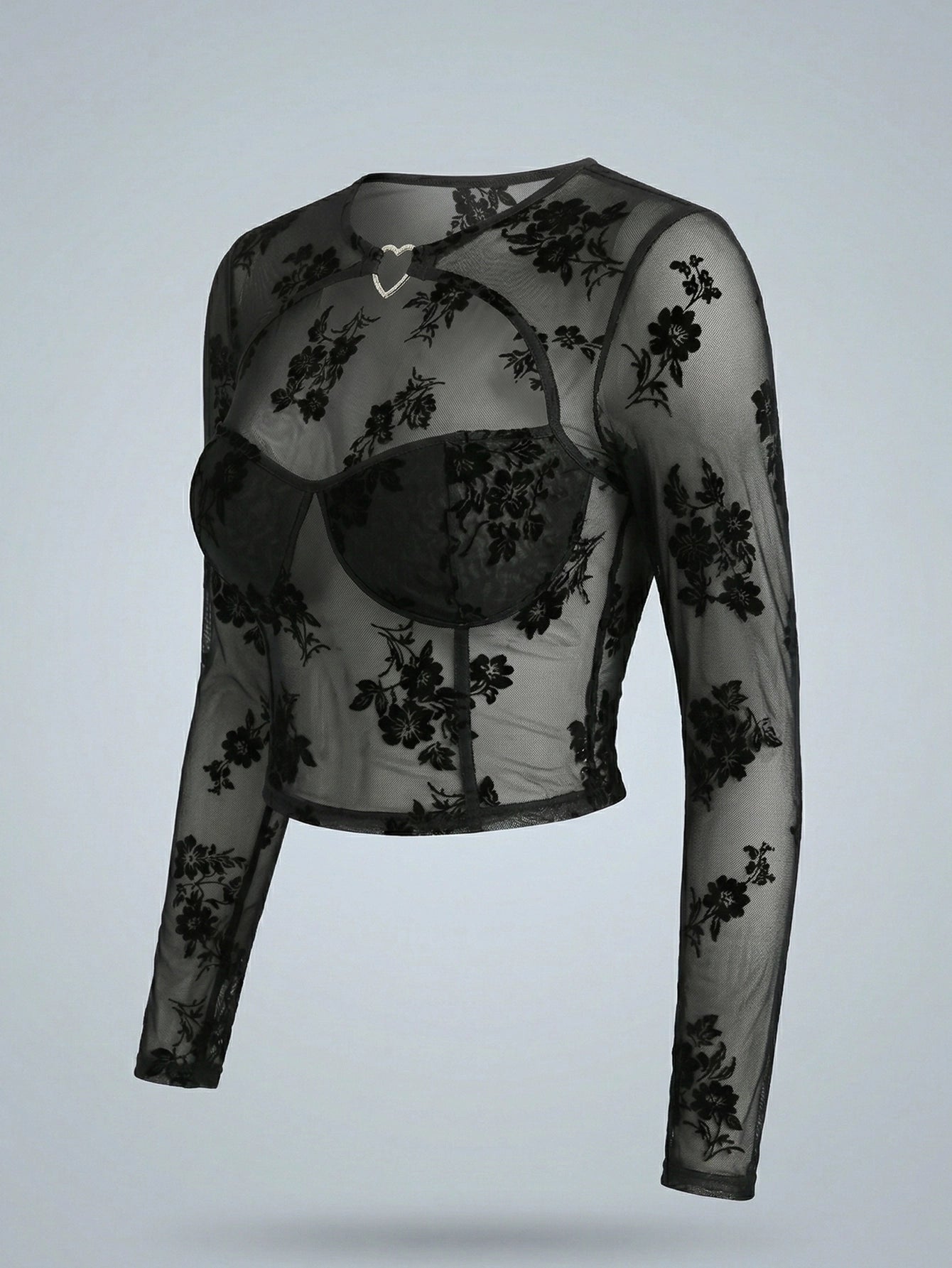 SHEIN Top DAZY Hollow Out Mesh Printed Long Sleeve Sheer Party Going Out Top