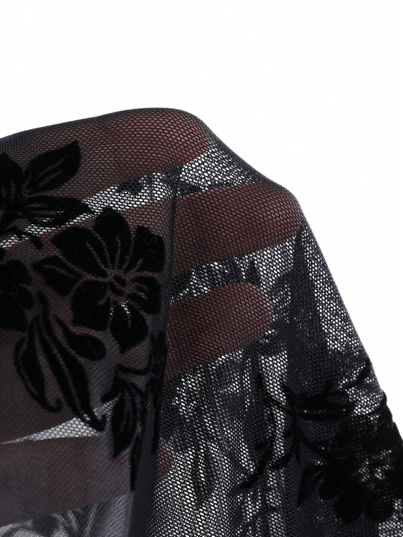 SHEIN Top DAZY Hollow Out Mesh Printed Long Sleeve Sheer Party Going Out Top