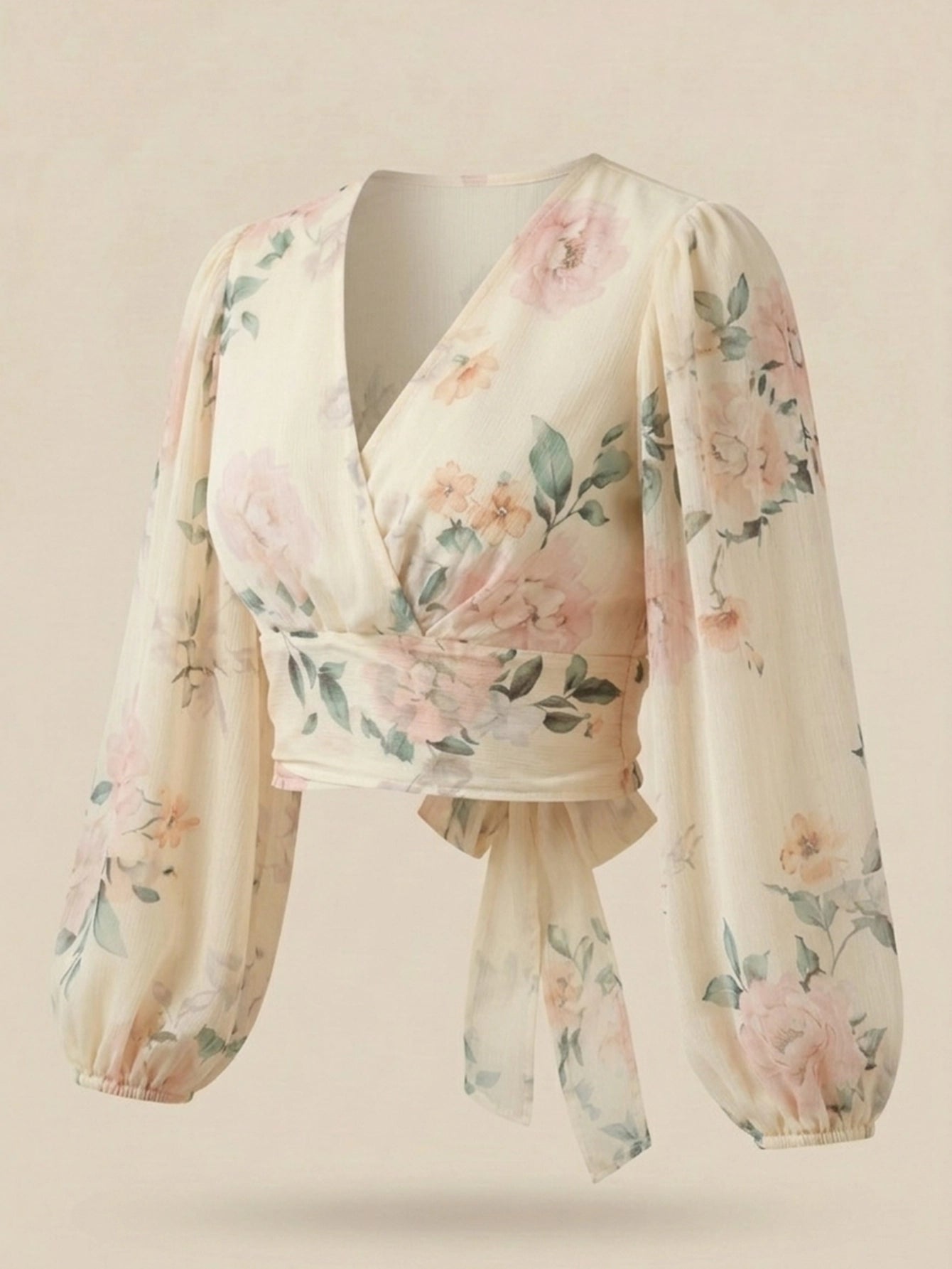 SHEIN Top DAZY Floral Tie Back Lantern Sleeve Ruffle Blouse Long Sleeve Top