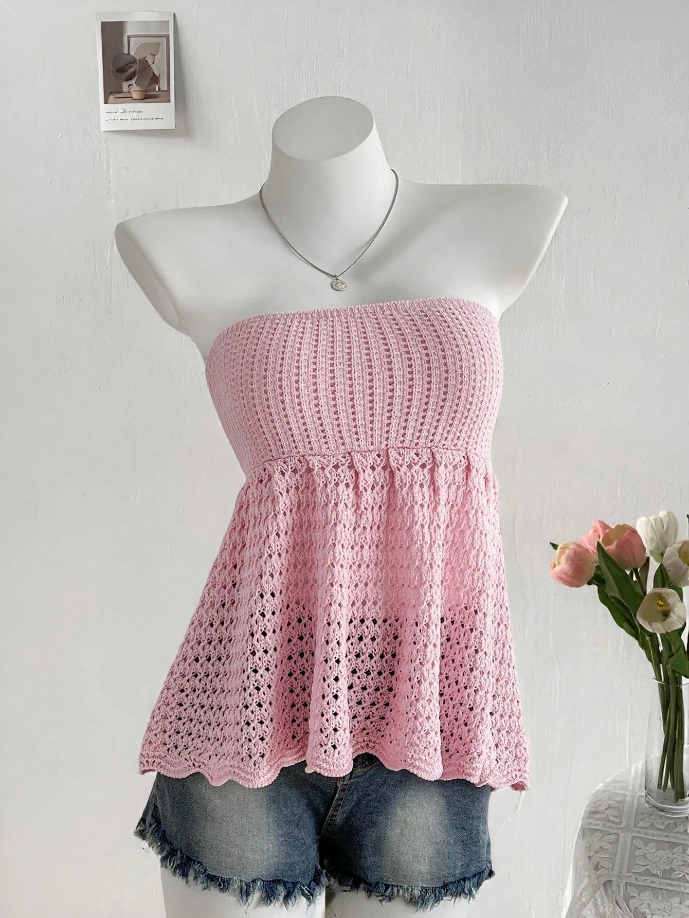 SHEIN Top Sweetra Pink Sleeveless Cropped Bandeau Hollow Out Knit Summer Top