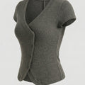 SHEIN Top Poéselle Asymmetrical Button Front V-Neck Ribbed Slim Fit Knit Tee Top
