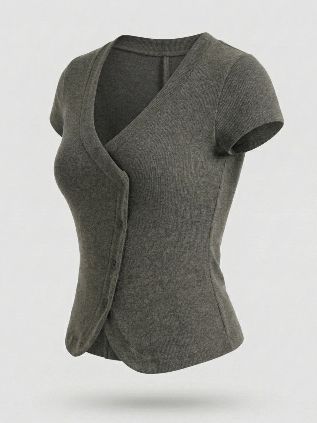 SHEIN Top Poéselle Asymmetrical Button Front V-Neck Ribbed Slim Fit Knit Tee Top