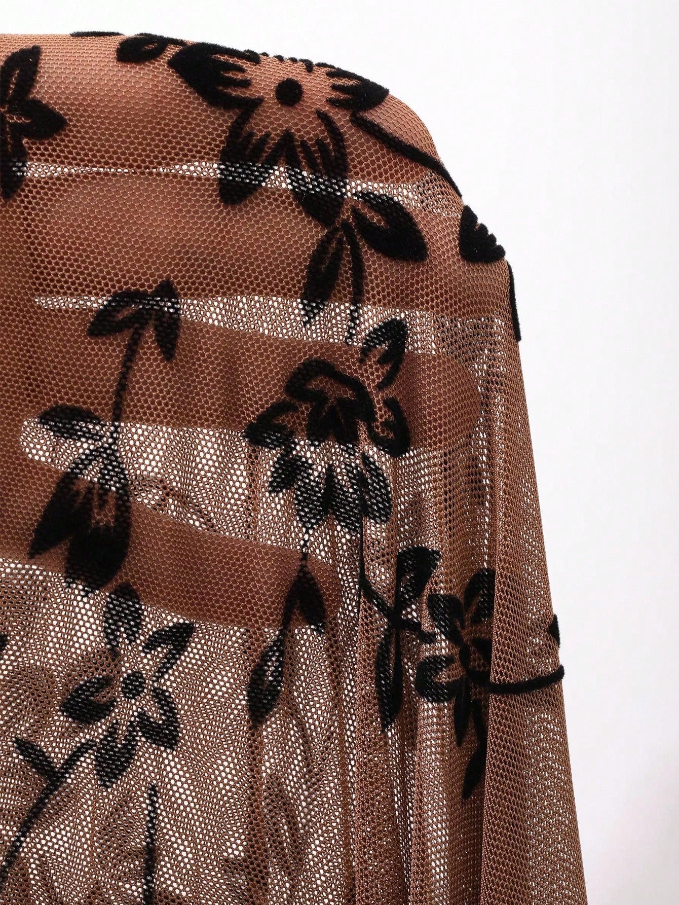 SHEIN Top DAZY Plant Pattern Mesh Sheer Crop Long Sleeve Going Out Top