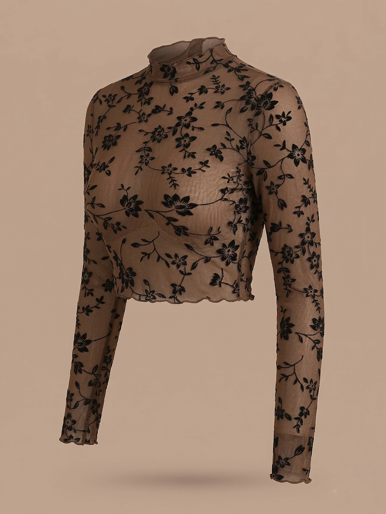 SHEIN Top DAZY Plant Pattern Mesh Sheer Crop Long Sleeve Going Out Top