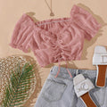 SHEIN Top Breezaya Dusty Pink Drawstring Front Frill Trim Crop Blouse Women