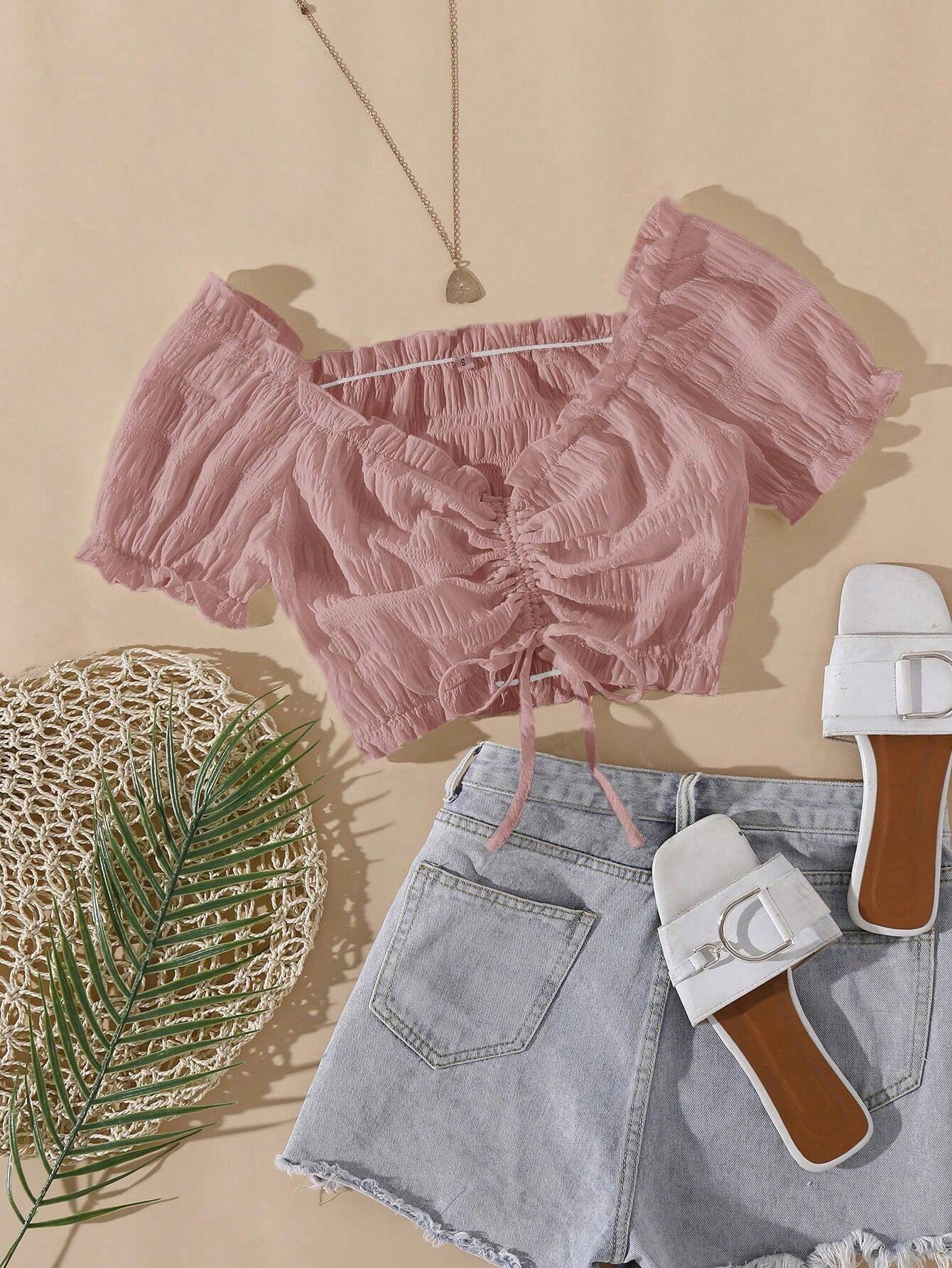 SHEIN Top Breezaya Dusty Pink Drawstring Front Frill Trim Crop Blouse Women