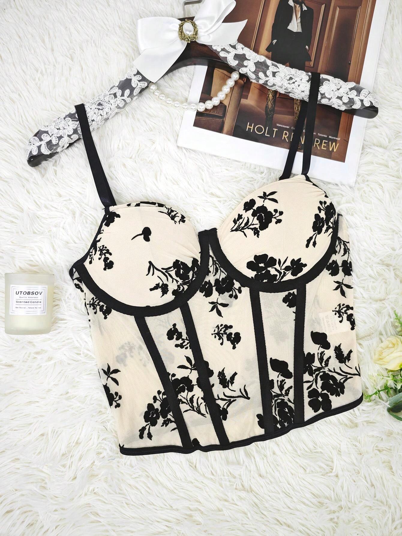 SHEIN Top Floral Apricot Sheer Mesh Slim Fit Bustier Crop Top