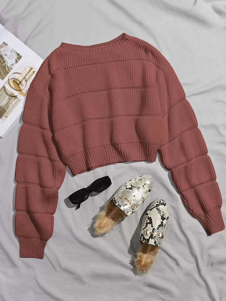 SHEIN Franclia Cropped Ribbed Knit Sweater, Long-Sleeve Knit Top