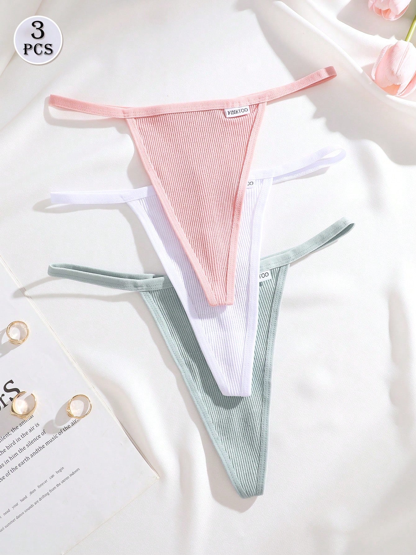 SHEIN 3pcs Women Ribbed Cotton G-String Panties Set