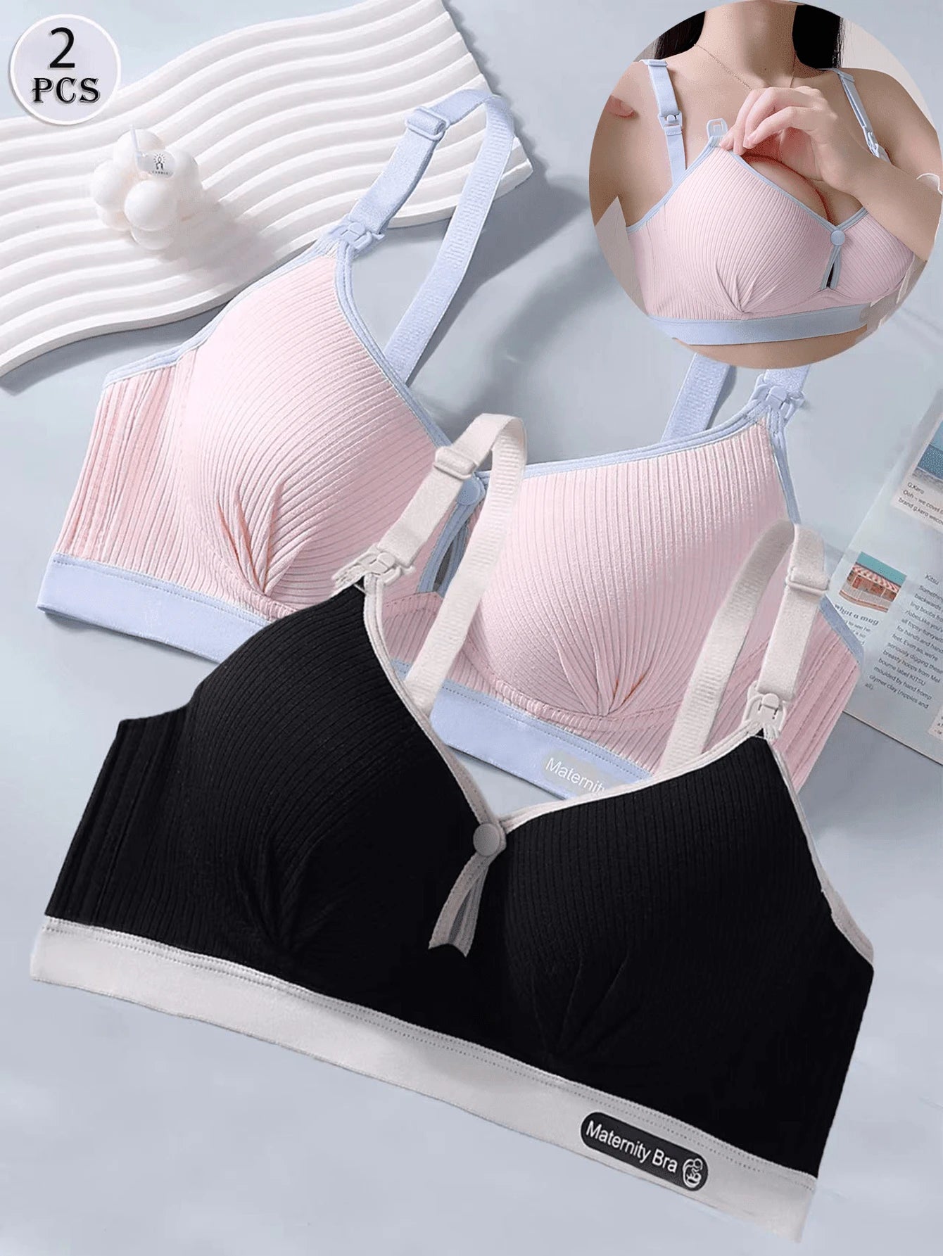 SHEIN 2pcs Maternity Nursing Bras Wire-Free Front Closure Supportive Set