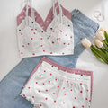 SHEIN 3pcs Women Solid Heart Print Ruffle Trim Bra & Shorts Pajama Set