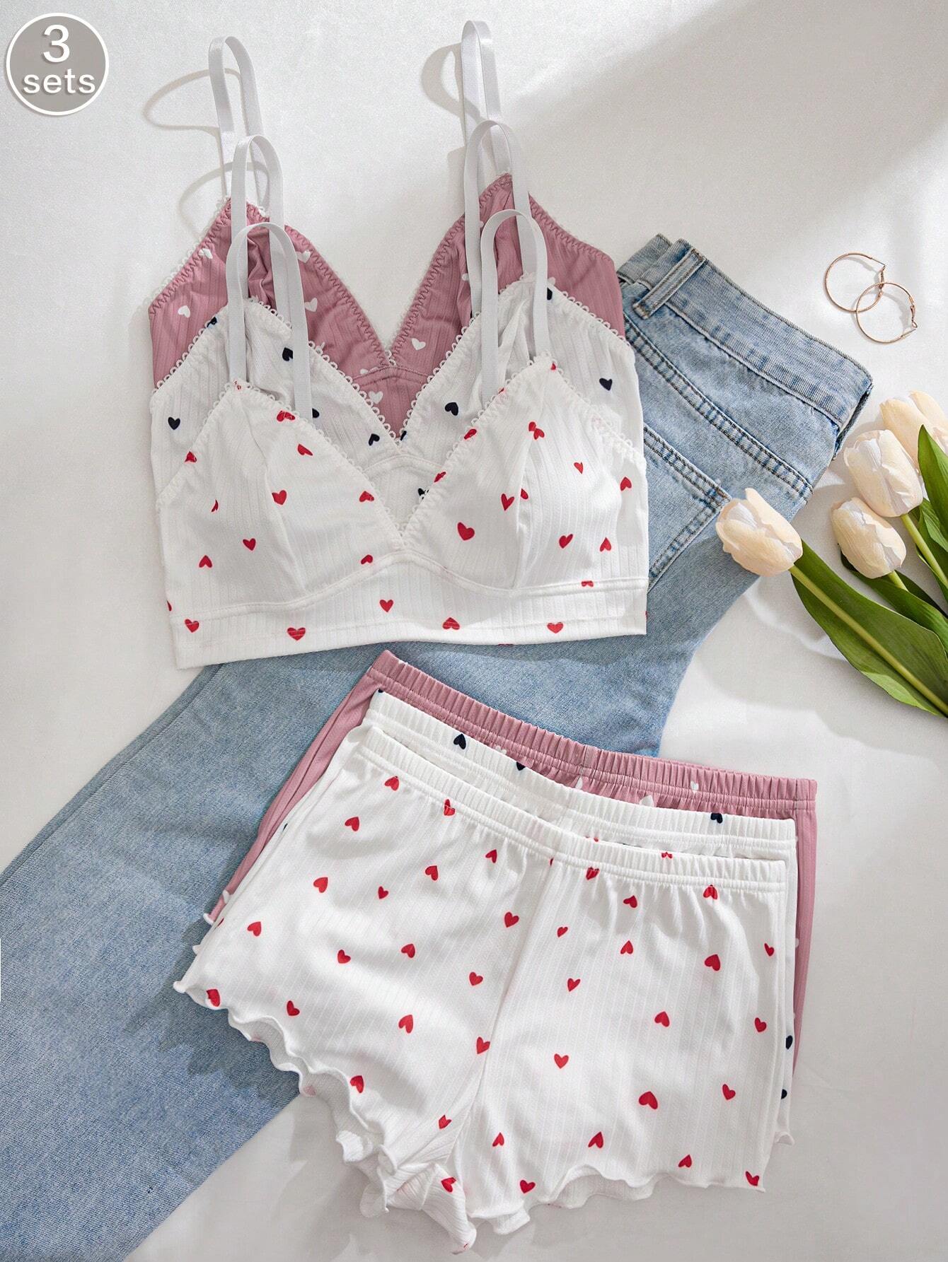 SHEIN 3pcs Women Solid Heart Print Ruffle Trim Bra & Shorts Pajama Set