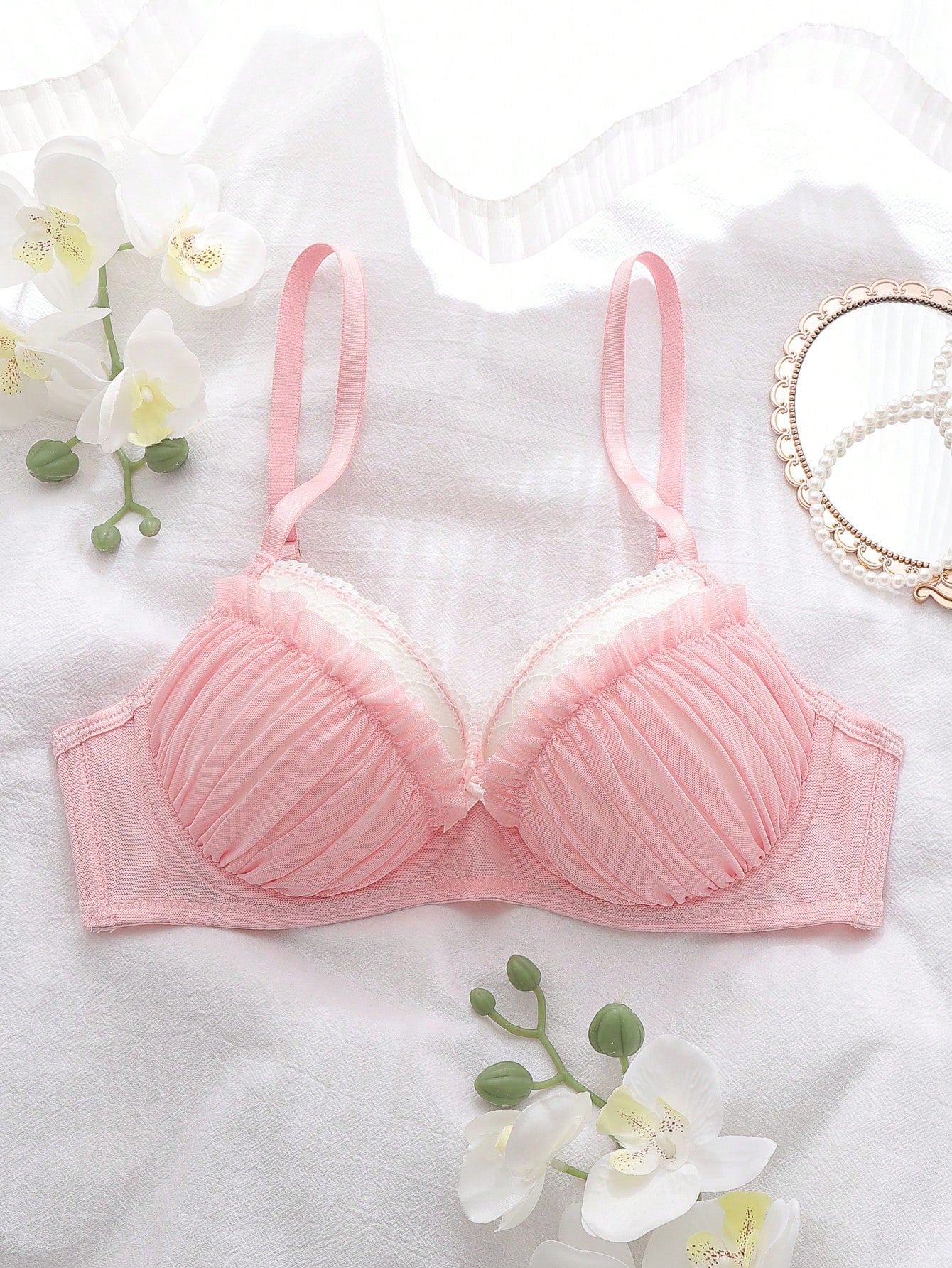 SHEIN Pink Lace Patchwork Underwire Bra with High Support and Lift