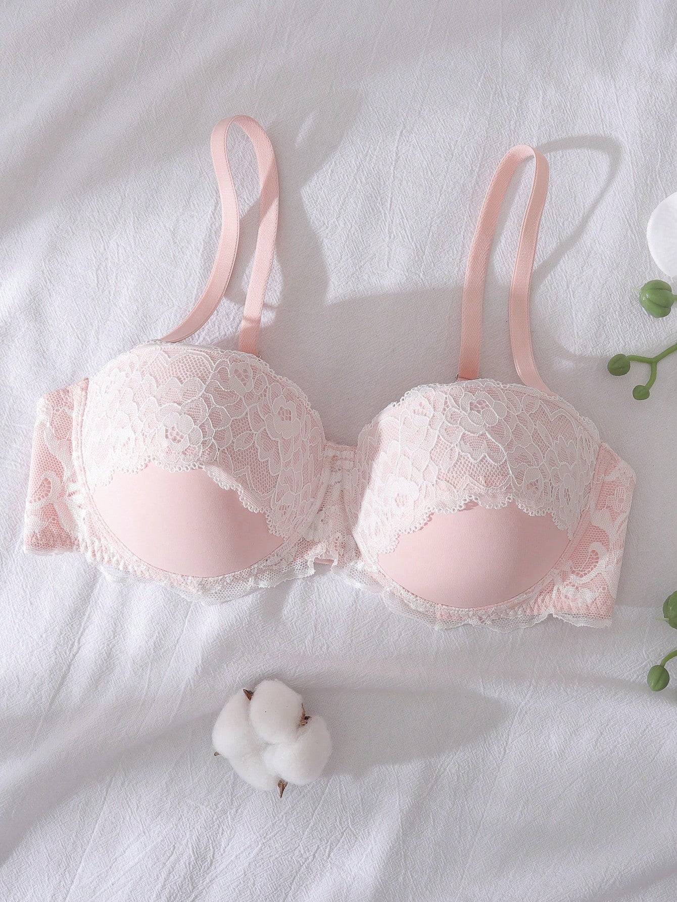 SHEIN DelicateAllure Floral Lace Push-Up Balconette Strapless Underwire Bra Pink & White