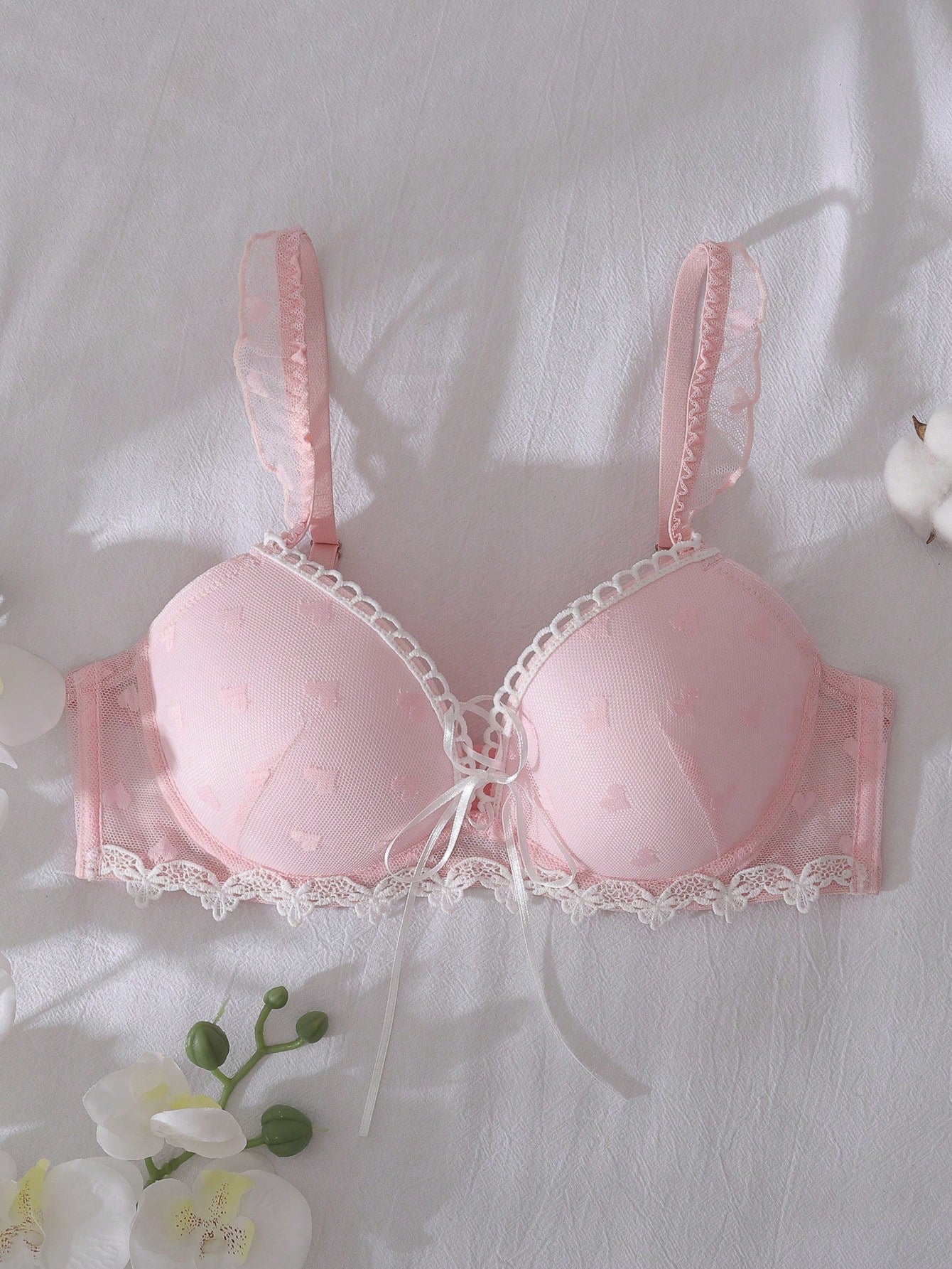 SHEIN DelicateAllure 3/4 Cup Push-Up Padded Bra with Criss-Cross Straps, Bowknot & Heart-Shaped Embroidery