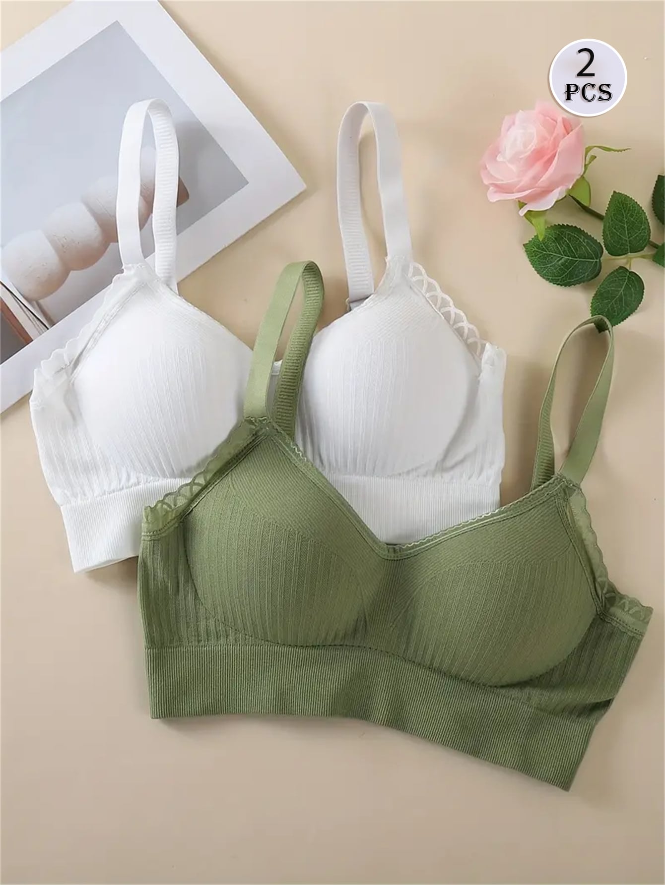 SHEIN 2pcs Lace Trim Soft Seamless Push-Up T-Shirt Bras for Women