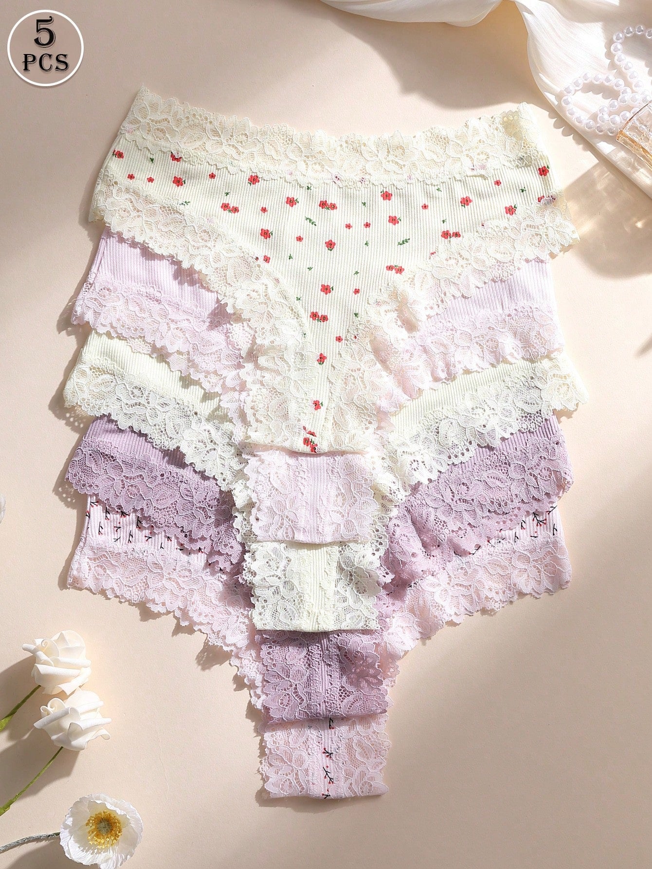 SHEIN 5pcs Women Sexy Lace Patchwork Seamless Low-Rise Thong Panties Set