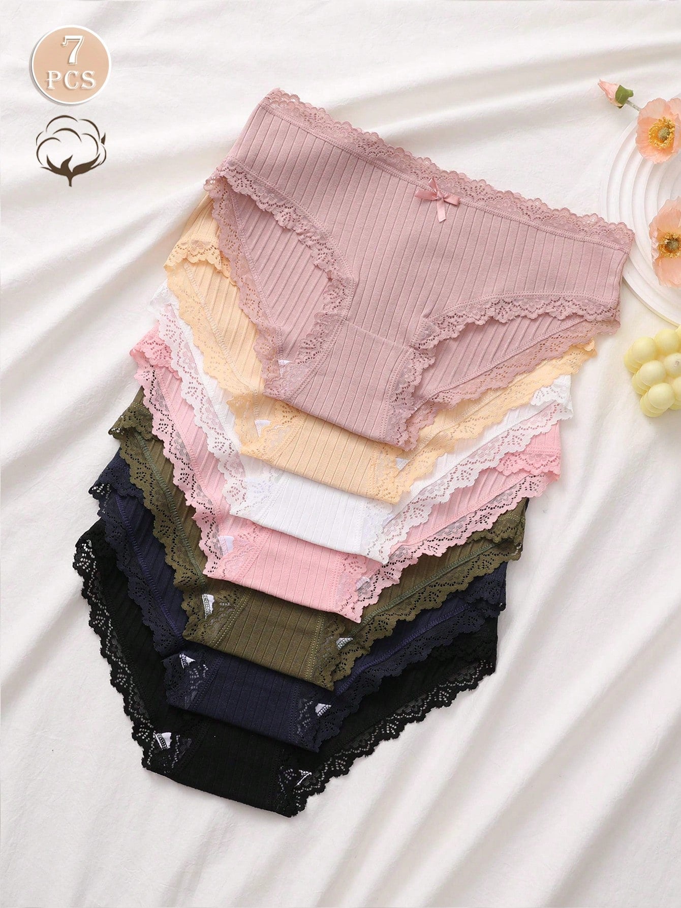 SHEIN 7pcs Women Romantic Ribbed Bow Cotton Underwear Sports Panties Set