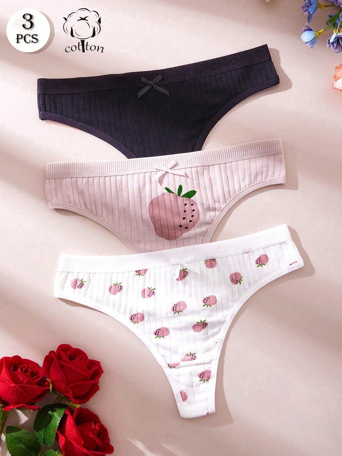 SHEIN 3pcs Women Sexy Printed Bowknot Strawberry T-Back Thong Panties Set
