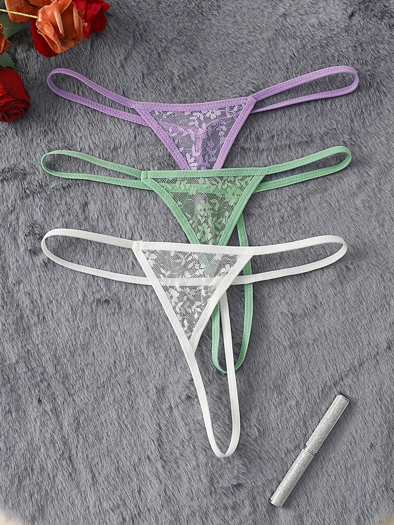 SHEIN 3pcs Women Solid Color Lace Patchwork Sexy Panties Set