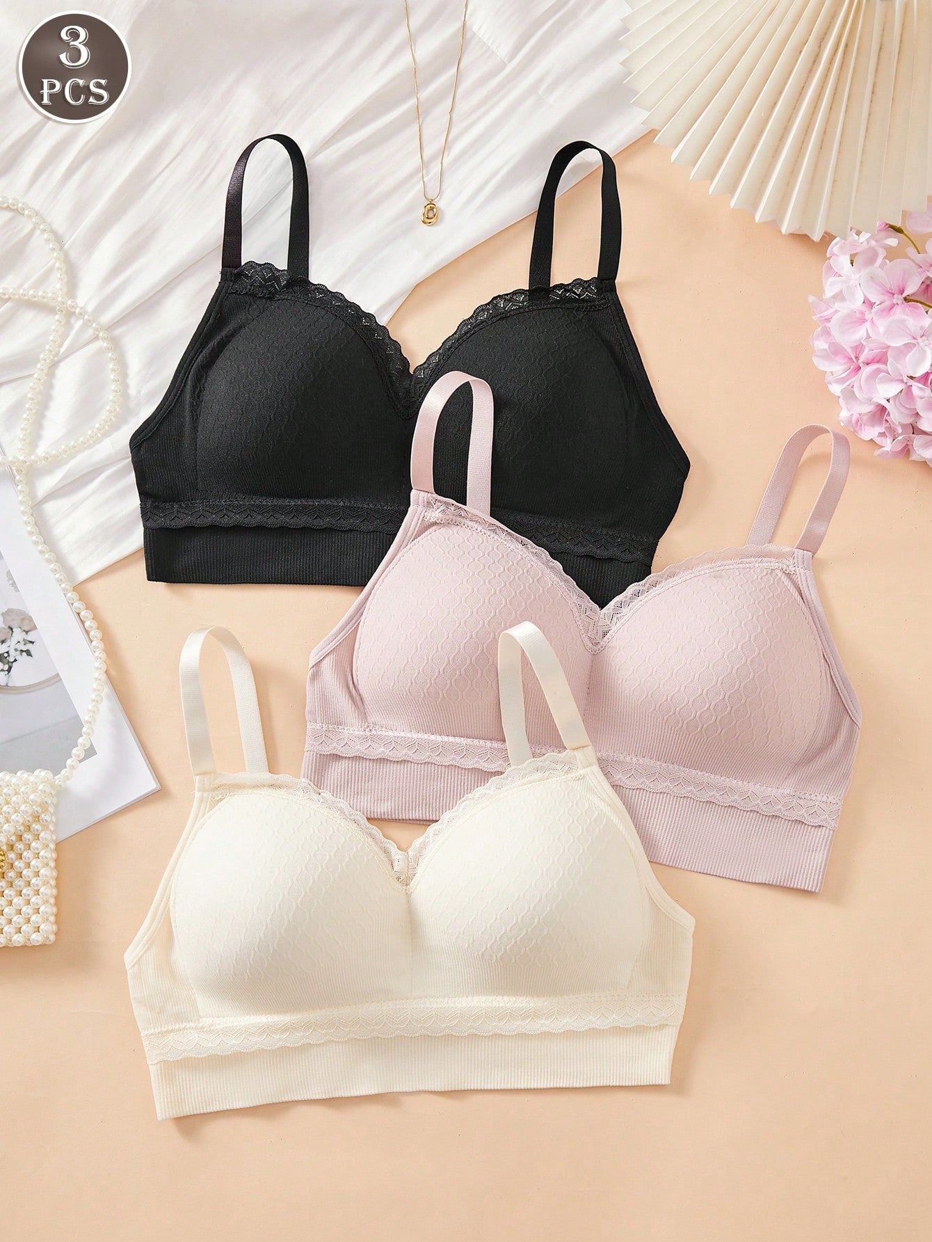 SHEIN 3pcs Women Solid Color Seamless Lace Wireless Bra Set with Adjustable Straps