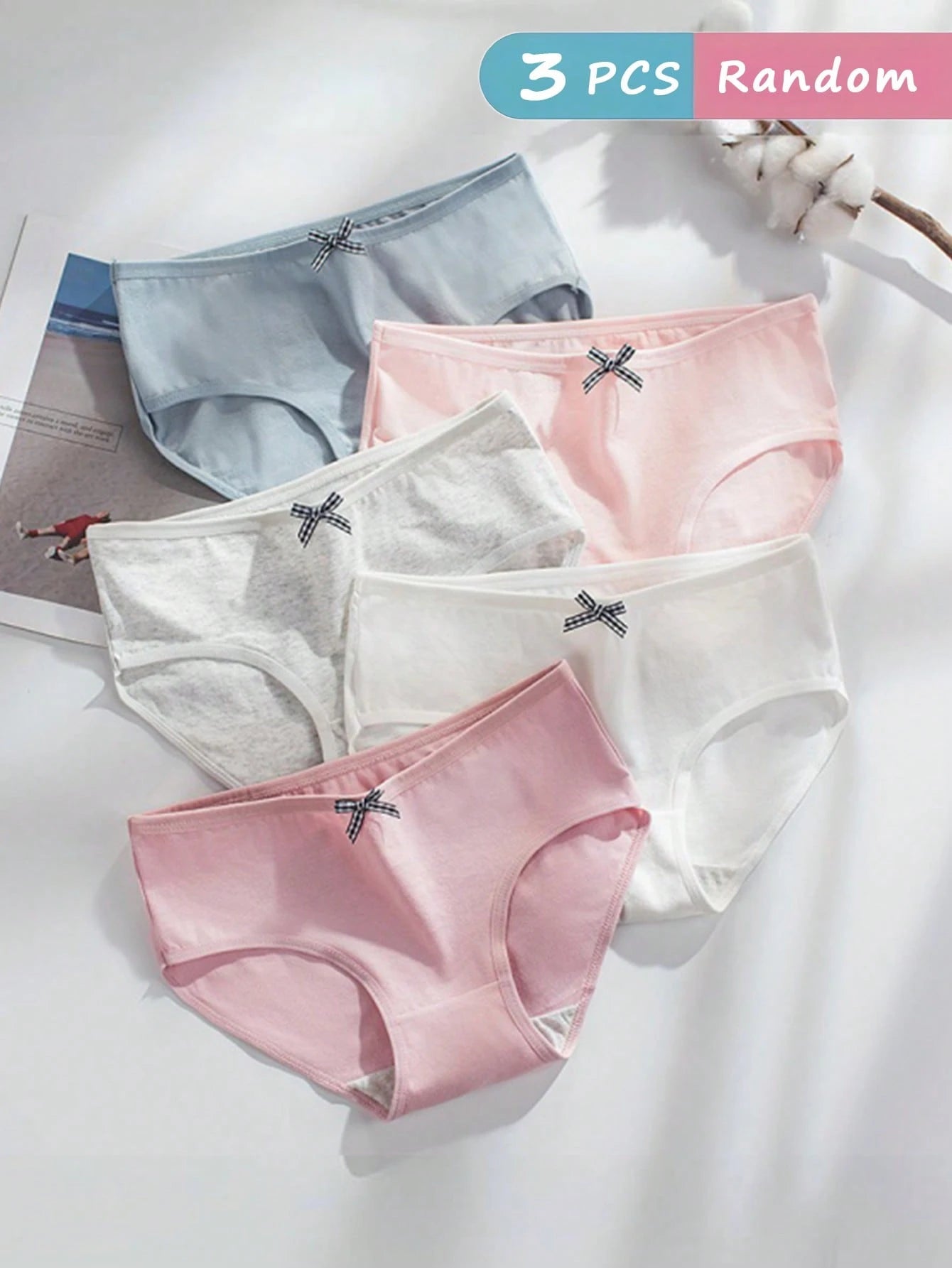 SHEIN 3pcs Women Cotton Plaid Bow & Solid Color Mid-Rise Triangle Panties Set