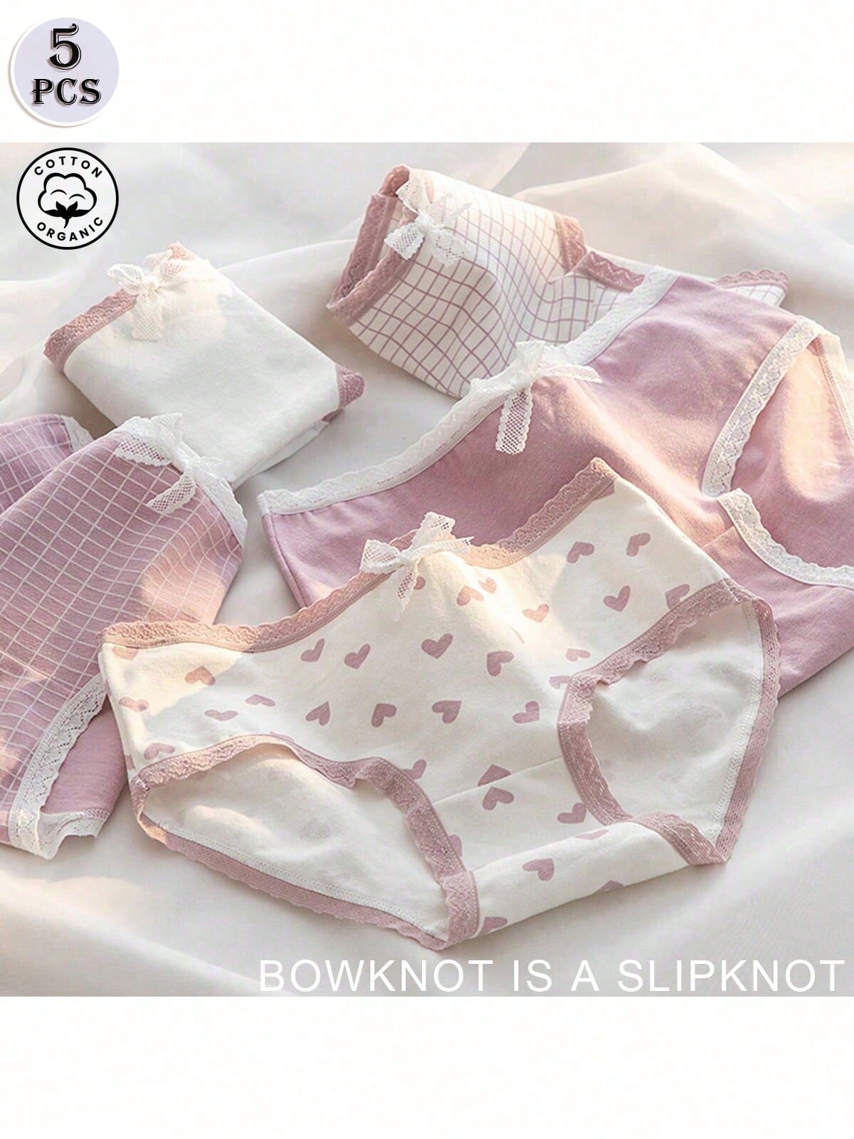 SHEIN 5pcs Teenage Girl Cotton Mid-Waist Panties with Bow Decor, Soft & Breathable