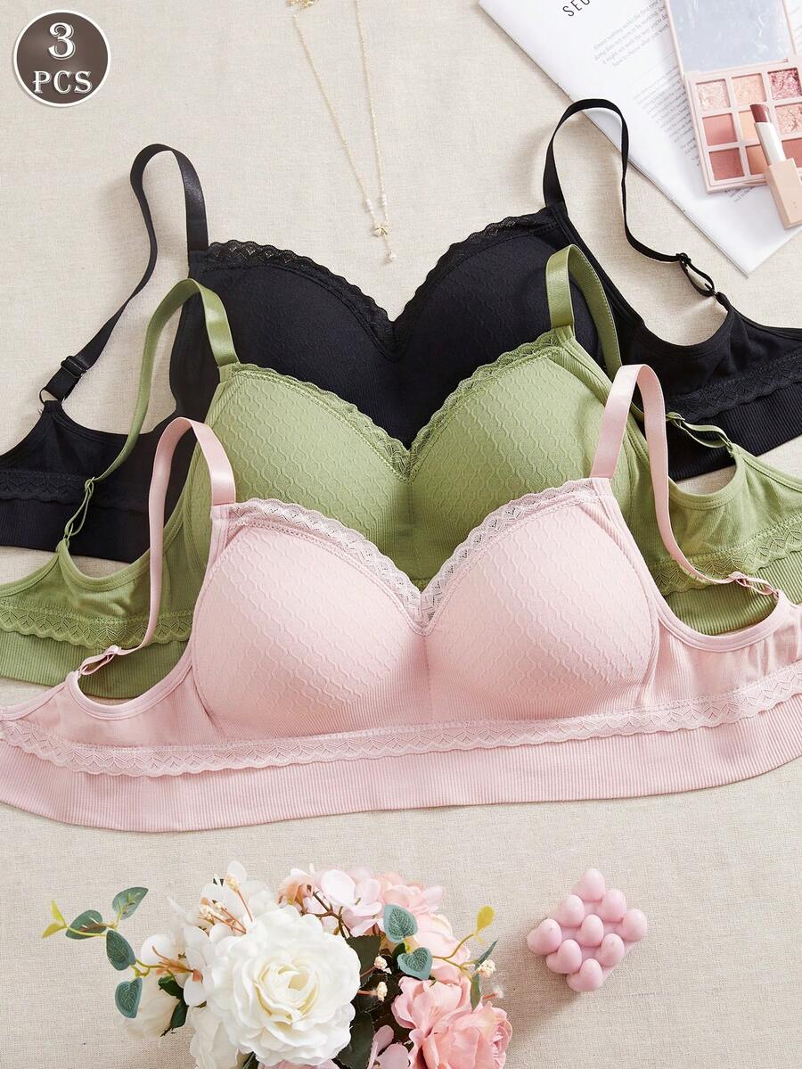 SHEIN 3pcs Seamless Lace Wireless Bra Set, Adjustable Straps
