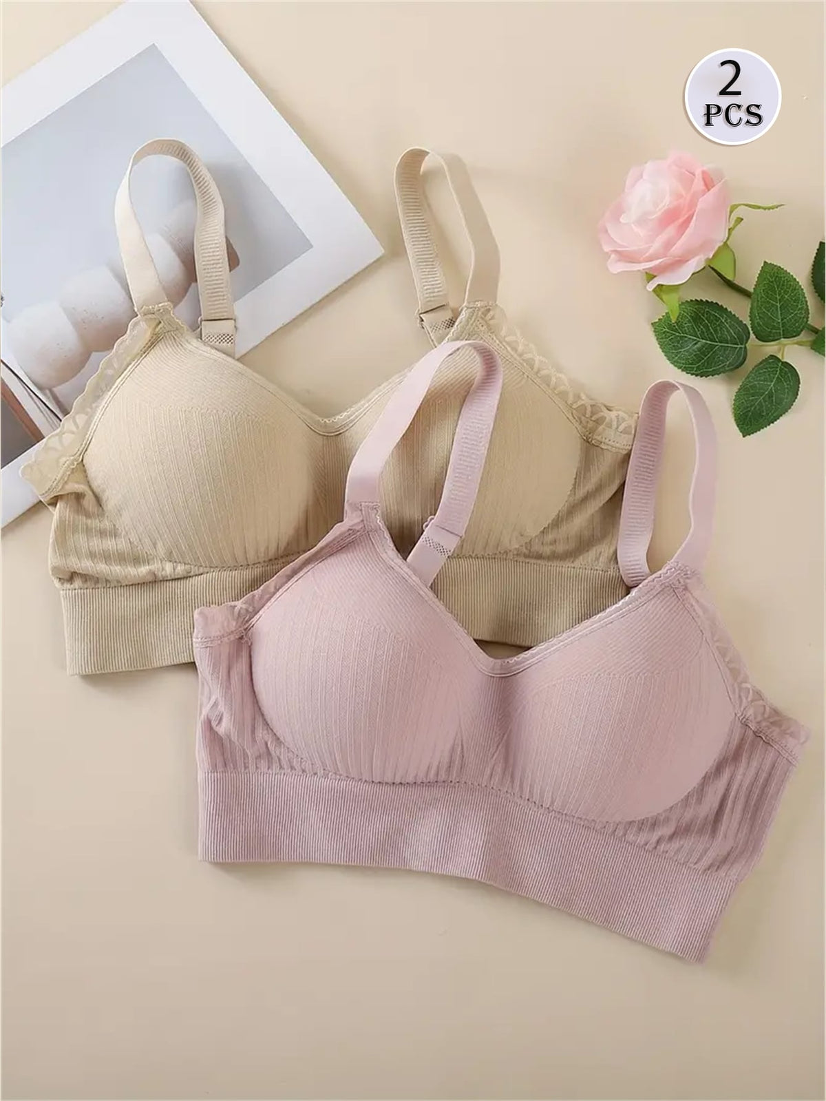SHEIN 2pcs Lace Trim Soft Seamless Push-Up T-Shirt Bras