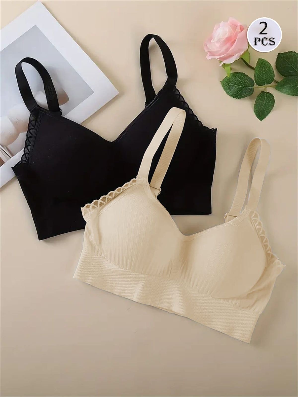 SHEIN 2pcs Lace Trim Soft Seamless Push-Up T-Shirt Bras