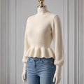 Zolique Women's Knitted Lantern Sleeve Sweater with Loose White Stripes