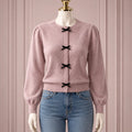 DAZY Women's Valentine's Day Color Contrast Knitted Sweater with Bow, Cute Pale Pink Autumn Casual Wear with Long Sleeves